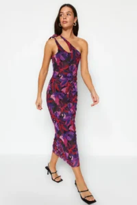 TRENDYOLMİLLA Multicolored Asymmetric Collar Tulle Lined Fitted Maxi Flexible Knitting Pen Dress - Image 2