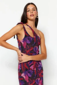 TRENDYOLMİLLA Multicolored Asymmetric Collar Tulle Lined Fitted Maxi Flexible Knitting Pen Dress - Image 3