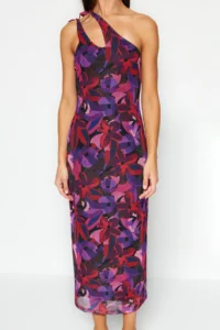 TRENDYOLMİLLA Multicolored Asymmetric Collar Tulle Lined Fitted Maxi Flexible Knitting Pen Dress - Image 4