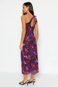 TRENDYOLMİLLA Multicolored Asymmetric Collar Tulle Lined Fitted Maxi Flexible Knitting Pen Dress - Image 6