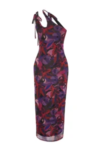 TRENDYOLMİLLA Multicolored Asymmetric Collar Tulle Lined Fitted Maxi Flexible Knitting Pen Dress - Image 7