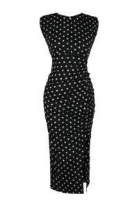 TRENDYOLMİLLA Black Polka Dot Low-cut back Slit Detailed Maxi Flexible Knitting Pen Dress - Image 6