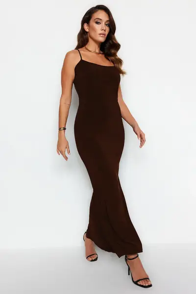 TRENDYOLMİLLA Brown Fitted Sleeveless Maxi Flexible Knitting Pen Dress