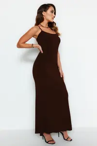TRENDYOLMİLLA Brown Fitted Sleeveless Maxi Flexible Knitting Pen Dress - Image 2