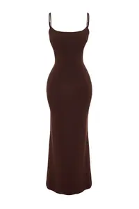 TRENDYOLMİLLA Brown Fitted Sleeveless Maxi Flexible Knitting Pen Dress - Image 9