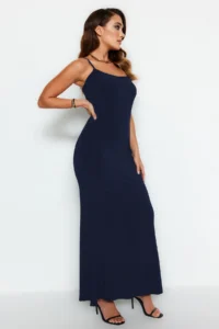 TRENDYOLMİLLA Navy Blue Fitted Sleeveless Flexible Maxi Knitting Pen Dress - Image 3