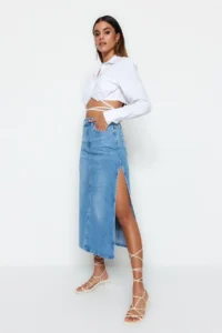 TRENDYOLMiLLA Light Blue slit High Waist Maxi denim Skirt