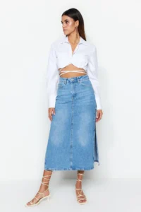 TRENDYOLMiLLA Light Blue slit High Waist Maxi denim Skirt - Image 2