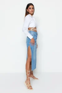 TRENDYOLMiLLA Light Blue slit High Waist Maxi denim Skirt - Image 3