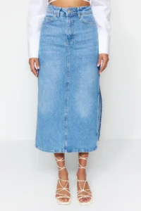 TRENDYOLMiLLA Light Blue slit High Waist Maxi denim Skirt - Image 4
