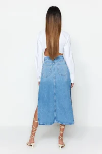 TRENDYOLMiLLA Light Blue slit High Waist Maxi denim Skirt - Image 5