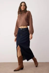 TRENDYOLMiLLA More Sustainable Dark Blue slit Maxi denim Skirt - Image 2