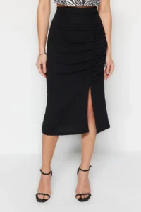 TRENDYOLMİLLA Black High Waist Drape and Slit Detailed Crepe Material Midi Knitting Skirt - Image 3