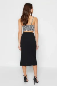 TRENDYOLMİLLA Black High Waist Drape and Slit Detailed Crepe Material Midi Knitting Skirt - Image 5