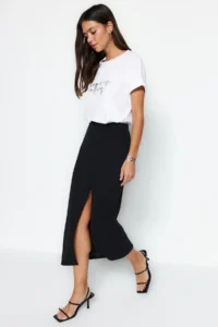 TRENDYOLMİLLA Black smart Crepe Slit Detailed Maxi High Waist Flexible Knitting Skirt - Image 5
