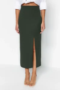 TRENDYOLMİLLA Khaki smart Crepe Slit Detailed Maxi High Waist Flexible Knitting Skirt - Image 4