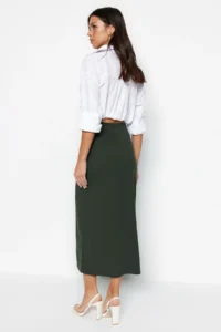 TRENDYOLMİLLA Khaki smart Crepe Slit Detailed Maxi High Waist Flexible Knitting Skirt - Image 6