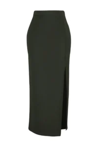 TRENDYOLMİLLA Khaki smart Crepe Slit Detailed Maxi High Waist Flexible Knitting Skirt - Image 7