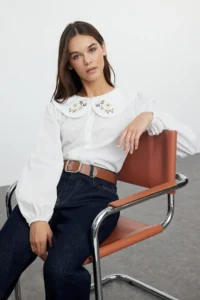 TRENDYOLMİLLA Ecru Collar Embroidery Detailed Cotton Oversized Weaving Shirt