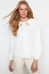 TRENDYOLMİLLA Ecru Collar Embroidery Detailed Cotton Oversized Weaving Shirt - Image 6