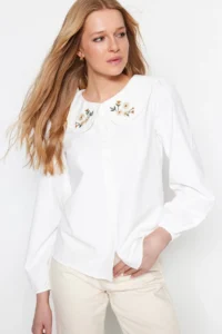 TRENDYOLMİLLA Ecru Collar Embroidery Detailed Cotton Oversized Weaving Shirt - Image 8