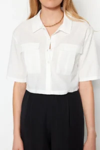 TRENDYOLMİLLA Ecru Utility Pocket Detail Crop Regular Normal Pattern Weaving Shirt - Image 5