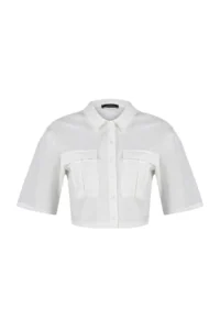 TRENDYOLMİLLA Ecru Utility Pocket Detail Crop Regular Normal Pattern Weaving Shirt - Image 7