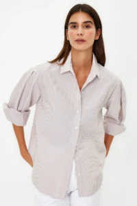 TRENDYOLMİLLA Beige Basic Striped Oversized Wide Pattern Weaving Shirt