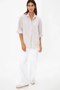 TRENDYOLMİLLA Beige Basic Striped Oversized Wide Pattern Weaving Shirt - Image 2