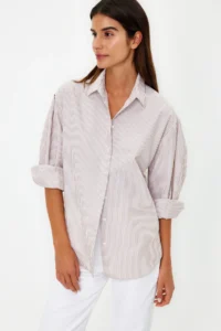 TRENDYOLMİLLA Beige Basic Striped Oversized Wide Pattern Weaving Shirt - Image 3