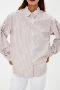TRENDYOLMİLLA Beige Basic Striped Oversized Wide Pattern Weaving Shirt - Image 5