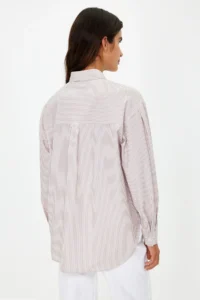 TRENDYOLMİLLA Beige Basic Striped Oversized Wide Pattern Weaving Shirt - Image 6