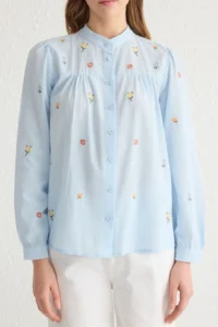 TRENDYOLMİLLA MaviÇiçek Embroidered Oversized Weaving Shirt - Image 3