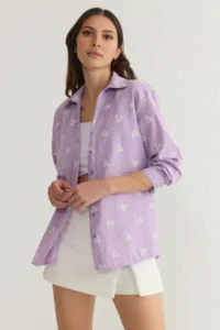 TRENDYOLMİLLA Lilac Striped Floral Patterned Cotton Oversized Wide Pattern Weaving Shirt