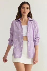 TRENDYOLMİLLA Lilac Striped Floral Patterned Cotton Oversized Wide Pattern Weaving Shirt - Image 2