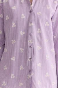 TRENDYOLMİLLA Lilac Striped Floral Patterned Cotton Oversized Wide Pattern Weaving Shirt - Image 3