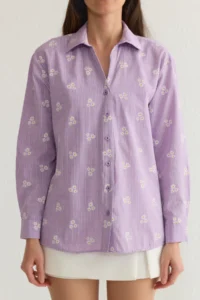 TRENDYOLMİLLA Lilac Striped Floral Patterned Cotton Oversized Wide Pattern Weaving Shirt - Image 4