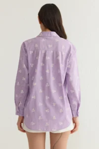 TRENDYOLMİLLA Lilac Striped Floral Patterned Cotton Oversized Wide Pattern Weaving Shirt - Image 5