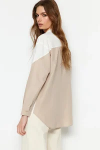 TRENDYOLMİLLA Ecru Color Blocked Boyfriend Wide Pattern Weaving Shirt