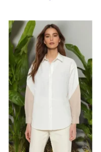 TRENDYOLMİLLA Ecru Color Blocked Boyfriend Wide Pattern Weaving Shirt - Image 2