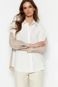 TRENDYOLMİLLA Ecru Color Blocked Boyfriend Wide Pattern Weaving Shirt - Image 3
