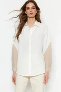 TRENDYOLMİLLA Ecru Color Blocked Boyfriend Wide Pattern Weaving Shirt - Image 4
