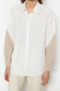 TRENDYOLMİLLA Ecru Color Blocked Boyfriend Wide Pattern Weaving Shirt - Image 5