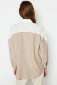 TRENDYOLMİLLA Ecru Color Blocked Boyfriend Wide Pattern Weaving Shirt - Image 7