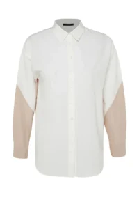 TRENDYOLMİLLA Ecru Color Blocked Boyfriend Wide Pattern Weaving Shirt - Image 8
