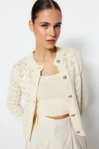 TRENDYOLMİLLA Stone Button Detailed Cellular/Perforated Blouse-Cardigan Set
