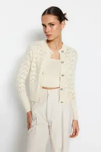 TRENDYOLMİLLA Stone Button Detailed Cellular/Perforated Blouse-Cardigan Set - Image 2