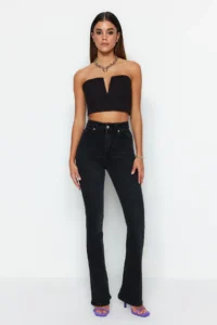 TRENDYOLMİLLA More Sustainable Black High Waist Middle Flexible Flare flared leg jeans - Image 5
