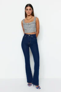 TRENDYOLMİLLA More Sustainable Navy Blue High Waist Middle Flexible Flare flared leg jeans - Image 2