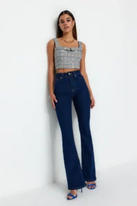 TRENDYOLMİLLA More Sustainable Navy Blue High Waist Middle Flexible Flare flared leg jeans - Image 3
